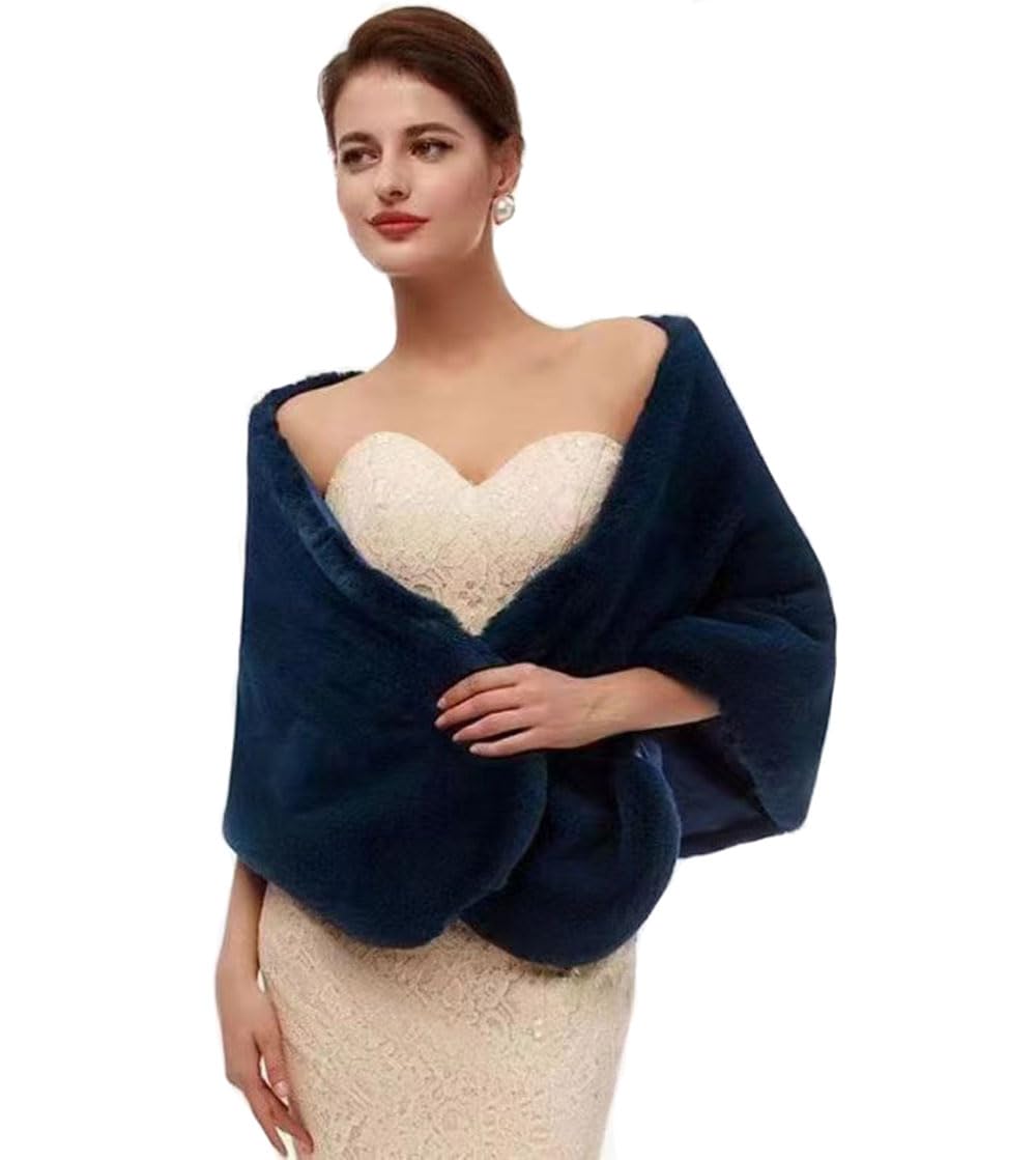 Kivie Women's Navy Faux Fur Wrap Shawl Wedding Stoles Cape Evening Bridal Shrug White/Black/ (Navy)