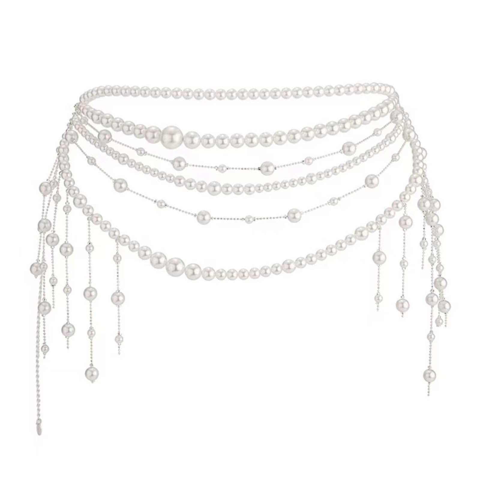 Laiousn Unisex Multicolor Multi Layered Waist Chain Beaded Belly Jewellery With Imitation Pearls Tassels Accents For Various Occasion Women's Retro Pearls Body