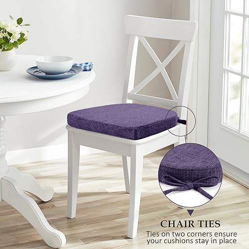 Image of Wellsin Chair Cushions for Dining Chairs 4 Pack - Kitchen Chair Cushions with Ties and Non-Slip Backing - Dining Chair Pads 16 inchX16 inchX2 inch, Purple