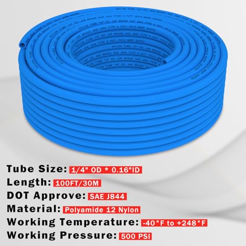 Image of CheeMuii 100 FT 1 /4 inch DOT Air Line Blue 1 /4 PA12 Nylon Pneumatic Tubing 30.5 Meter 1 /4 Inch OD Pneumatic Air Tubing Pipe Hose Line for Semi Truck Trailer or Industrial Air System