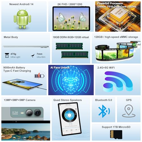 Image of 11 inch Tablet Android 14 2000*1200 2K Display Tablets PC, T616 Octa-Core 2.0GHz, 18GB RAM 128GB ROM 1TB Expandable, 5+5+13MP AI Camera, 9000mAh, 5G WiFi, with Keyboard, Case, 4 Speakers - Green