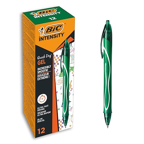 BIC Intensity Quick Dry, Penne Gel Verdi, Punta Media 0,7mm, Inchiostro Scorrevole e Asciugatura Ultra-Rapida, 12 Unità, Penne Bic Verdi, Cancelleria Scuola e Ufficio