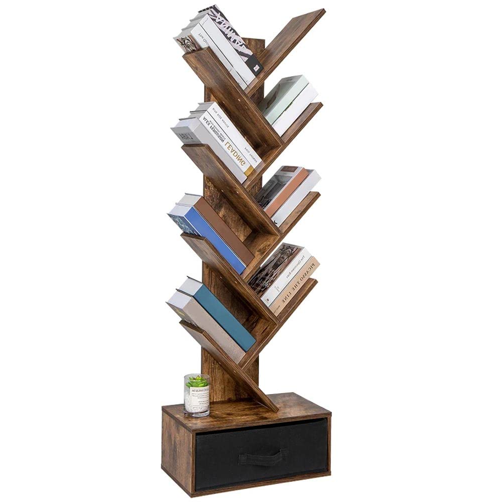 BAKAJI Libreria Scaffale 10 Ripiani Inclinati in Legno MDF con Cassetto in Tessuto, Scaffalatura con Design Moderno per Soggiorno, Salotto, Casa, Ufficio, Dimensione 149 x 38 x 20 cm