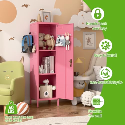 Image of Aobabo 54 inch H Pink Metal Lockers, Storage Locker Cabinet with Lockable 1 Door and Towel Rack and 2 Side Pegboards with Hooks for Home School Office, Assembly Required