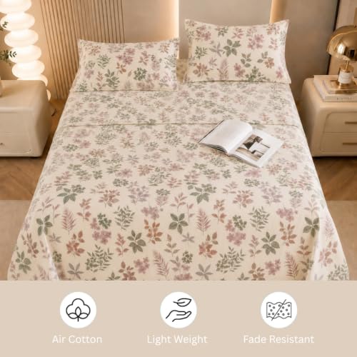 Image of Marrow Lane 300 TC Soft Air Cotton Double Bedsheet | Wild Meadow | Flatsheet with 2 Pillow Covers | Pink & Sage Floral Print (228.6 x 254 cm, Pink & White)