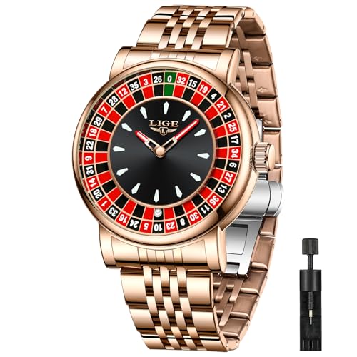 SACOSDING Mens Watches Unique Roulette Style Quartz Analog Watch 45MM Big Face Alloy Waterproof Glowing Watch for Men Stainless Steel Strap Casual Fashionable Mens Wrist Watches(Rose Gold)