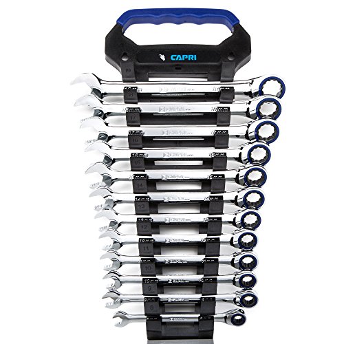 Capri Tools Ratcheting Wrench Set, True 100-Tooth, 3.6-Degree Swing Arc, 8 to 19 mm, Metric, 12-Piece in a Convenient Wrench Rack