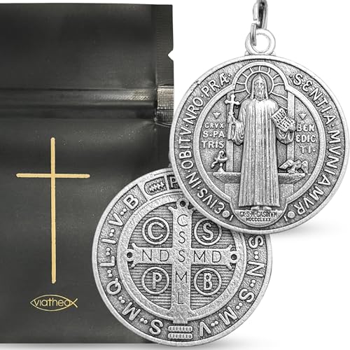 VIATHEO Medalla de San Benito Plateada   Collar Religioso Elegante para Hombre y Mujer, Amuleto de Protección Espiritual contra el Mal de Ojo, Idea de Regalo Bautismo Comunión