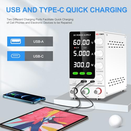 Image of NICE-POWER DC Power Supply Variable 60V 5A, Adjustable Regulated DC Bench Power Supply with OCP /OVP /Encoder /Output Switch, Benchtop Lab Power Supplies PSU with USB-A and Type-C Fast Charge (White)