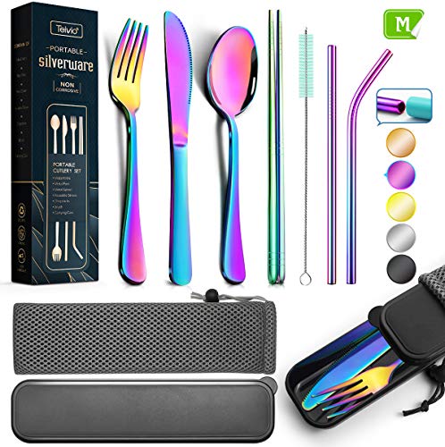 Teivio Reusable Camping Travel Utensils with Case Cutlery Flatware Set of Stainless Steel