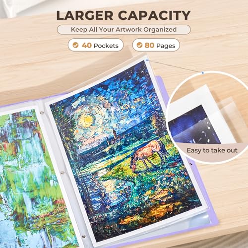 Image of JoyCat 12 x 18 Art Portfolio Binder, 40 Acid-Free Clear Pockets Art Folder Display 80 Pages, Large Presentation Book for Artists and Students (Purple)