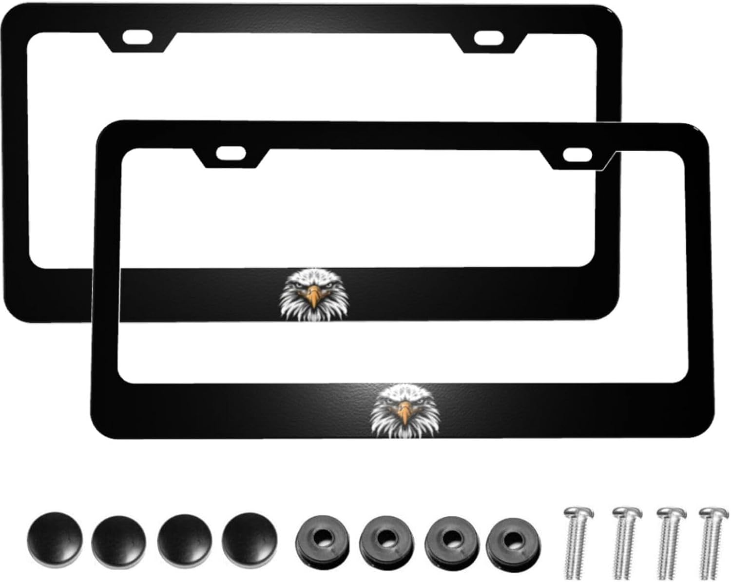 Bald Eagle Face Matte Aluminum License Plate Frame with Black Screw Caps，2pcs 2 Holes Black Licenses Plates Frames,Car Licenses Plate Covers Holders for Us Vehicles/Women/Men