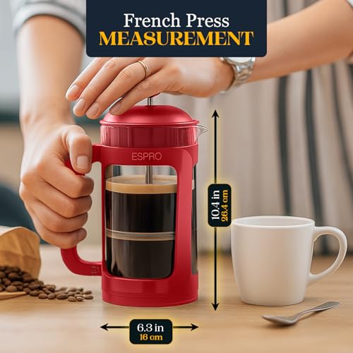 Image of ESPRO P3 French Press Coffee Maker, 32oz, Red, Double Micro Filter Press | Grit-Free Coffee Press, Thicker Borosilicate Heat Resistant Glass french press, Tea Press, Easy Coffee Brewer, Tea Brewer