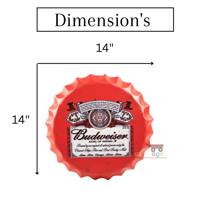 Image of EAZYWAGON Decorative Metal Bottle Caps Wall Sign Plates - 14X14 Inches - Beer Brand Sign Bud Red | Metal Wall Hanging Bottle Cap for Home, Farmhouse, Bar & Cafe | Vintage & Retro Look Plaques