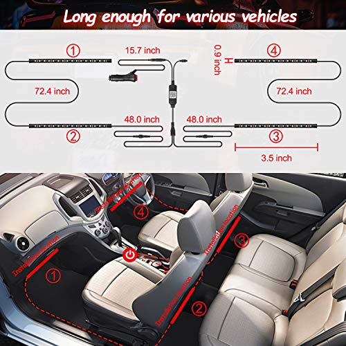 OFFROADTOWN Car LED Strip Lights, 4pcs 60 LED Interior Lights, Neon Strip Light Kit Multicolor Music Car Strip Light Under Dash Lighting Kit with Sound Active Function & App Remote Control