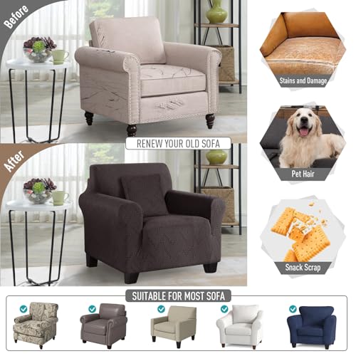 Ruaozz-Stretch-Chair-Sofa-Slipcover-1-Piece-Chair-Cover-with-Arms-Non-Slip-Armchair-Cover-Soft-Jacquard-Furniture-Protector-with-1-pcs-Throw-Pillow-Cover-1-Seater-Chocolate Ruaozz Stretch Chair Sofa Slipcover 1 Piece Chair Cover with Arms Non Slip Armchair Cover Soft Jacquard Furniture Protector with 1 pcs Throw Pillow Cover 1 Seater Chocolate