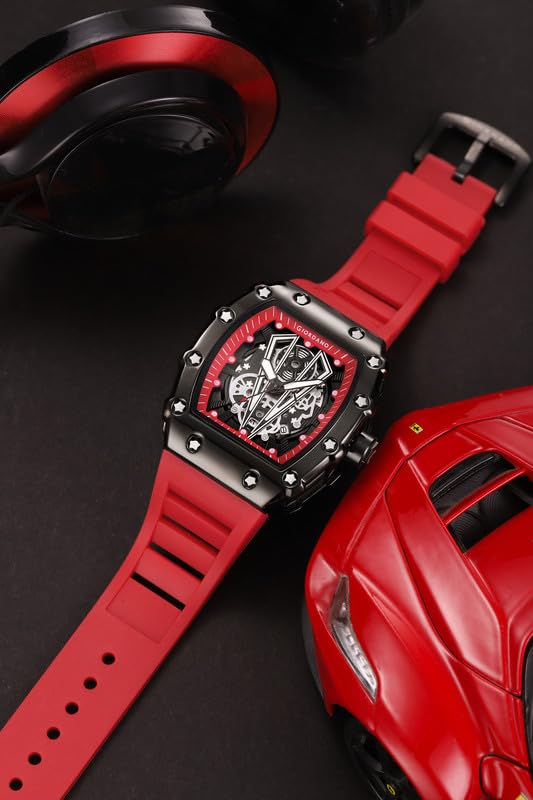 Image of Giordano Analog Quartz Watch for Men with Skeleton Rectangle Dial, Date Function, Luminous Hands and Markers, Silicone Strap - GZ-50237