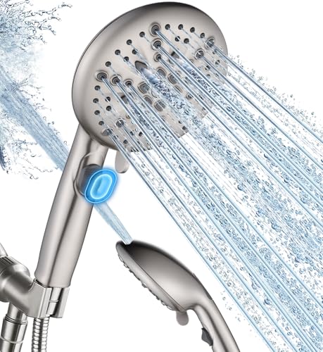 Image of Cobbe 9-Function Shower Head with Built-in Power Spray, 1.8 GPM Water Saving ON /OFF Toggle Switch, High Pressure Handheld Showerhead with 1-Click Pause Button, Brass Bracket & 6ft Hose, Brushed Nickel