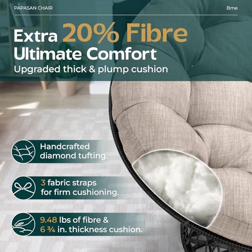 Image of Bme Ergonomic Wicker Papasan Chair with Soft Thick Density Fabric Cushion, High Capacity Steel Frame, 360 Degree Swivel for Living, Bedroom, Reading Room, Lounge, Silver Cloud - Black Base
