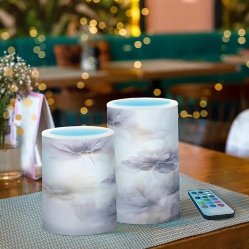 Image of ALAZA Purple Flowers Flickering Flameless Candles Battery Operated with Remote Timer,Tea Light Candles LED Pillar Votive Candles Set of 2 for Outdoor Indoor Decorations