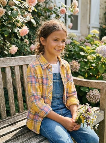 Image of SELINK Girls Long Sleeve Flannel Buffalo Plaid Button Down Shirt | Soft Flannel Fabric,Classic Buffalo Plaid Button Down Collared Blouse For Girls Casual Daily Outfits