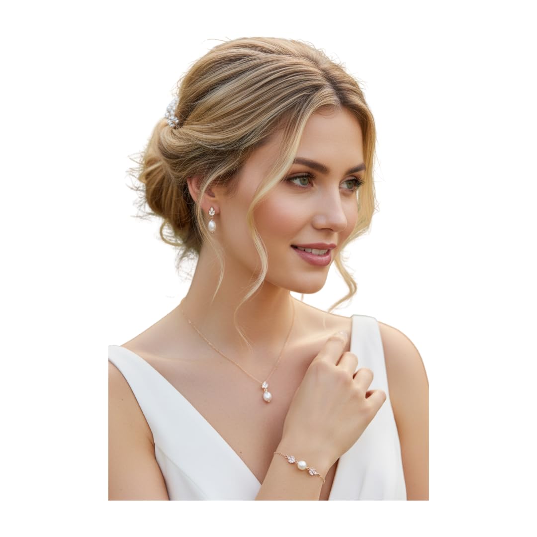Rosegold 3er Perlen Schmuckset Halskette Ohrringe Armband Zirkonia Brautschmuck Hochzeit Kommunion Abiball Collier
