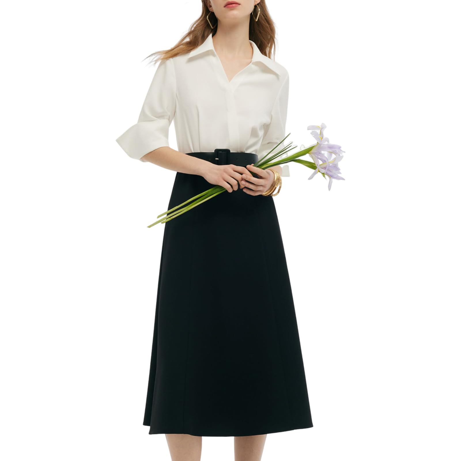 GOELIA Womens Work Midi Dress 3 4 Sleeves White Black Color Block Faux Two-Piece with Leather Belt Shirt