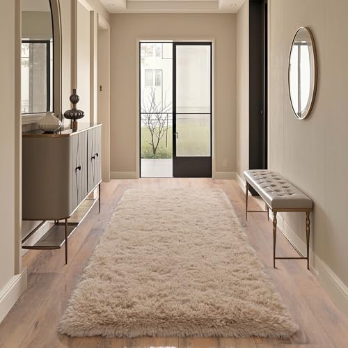 Beige Rugs for Bedroom 2x6 ft - Ultra Soft Faux Fur Area Rug - Plush Non-Slip Shaggy Carpet for Living Room, Cozy Fluffy Rug for Kids Boys Girls Dorm Nursery Room, High Pile Floor Carpet