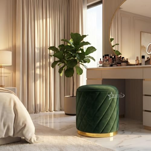 Image of Mythic Arts Ottoman Stool, Puffy Stool, Sitting Stool, Modern Upholstered Round Ottoman, Dressing Table for Living-Green