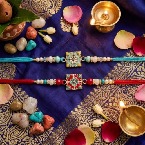 Image of Meenakari Rakhi Set of 2 with Pearl Beads, Red and Teal For Bhaiya