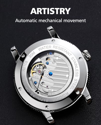 Image of ROCOSJEWE Men's Luxury Automatic Mechanical Watch, Luminous Night Sky Leather Strap, Waterproof, Date Display, Fashion Business Watches for Men RW0108, Blue, Classic,Business,Elegant