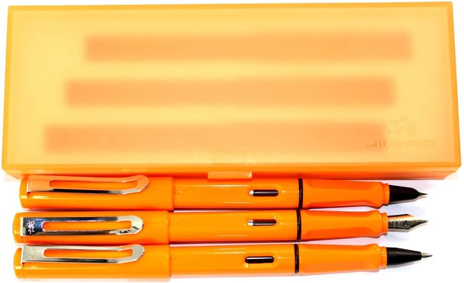 Stifte, Gelschreiber, Kugelschreiber, 3 Stück Kunststoffstifte, 1 Stück Füllfederhalter, 1 Stück feine Feder und 1 Stück Tintenroller mit Stiftbox – Gelb (Farbe: Oranje)