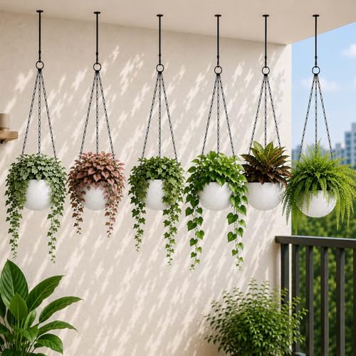 Image of Go Hooked Henri Hanging Planter Pot for Indoor & Outdoor Plants Pack of 6 | 7 Inch Plastic Hanging Pots with Metal Chain | Decorative Round Hanging Planter for Balcony, Garden & Home Decor (Marble)