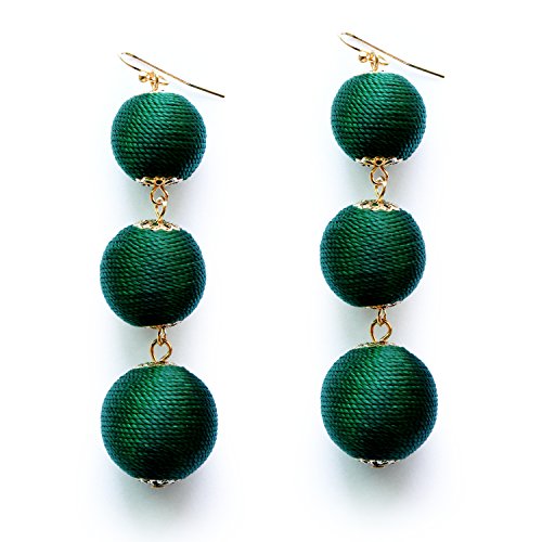 Emerald Green Triple Balls Dangle Earrings Graduated Threaded Lantern Ball Statement Drop Earrings