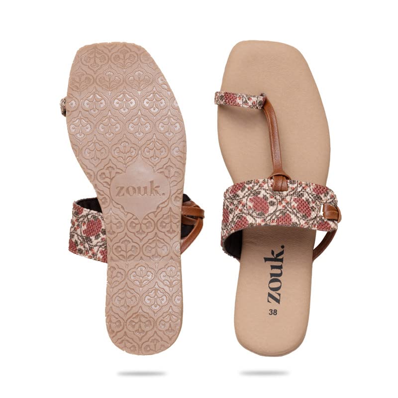 Image of ZOUK Auroville Botanica Women's Chappals Brown and Beige Flat Sandal