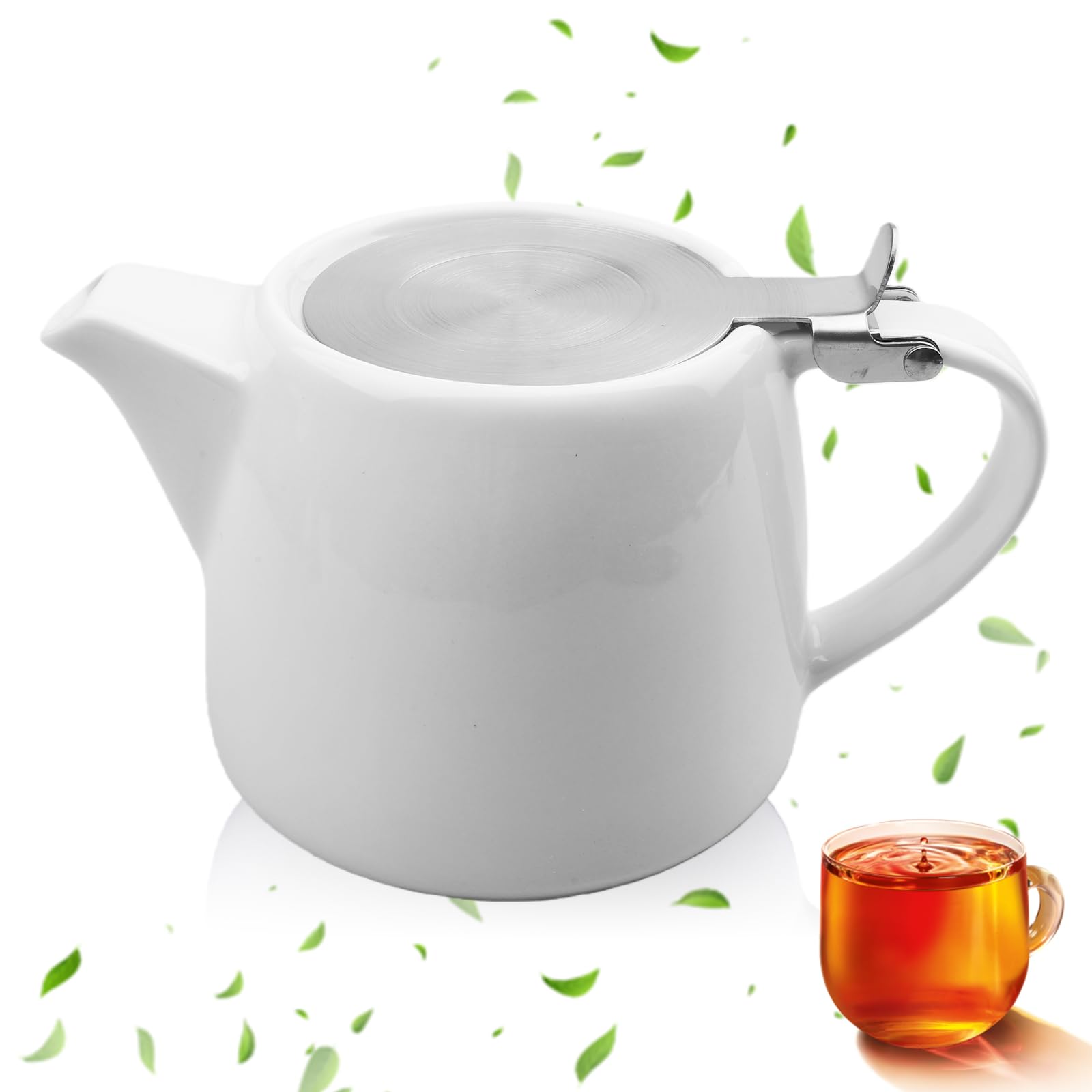 Teiera in porcellana: Teiera bianca in ceramica con filtro, 500ml Teiera in ceramica con coperchio a innesto in acciaio inox, bollitore per tè e caffè, stoviglie in porcellana, preparatore per
