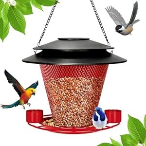 Solar bird feeders metal wild bird feeder outside hanging outdoors backyard for birding wildlife birds feeders rust resistant red  urban country home decor