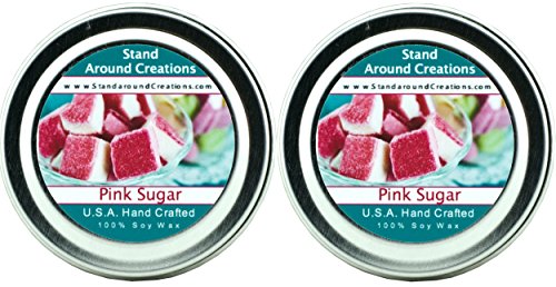 Premium 100% All Natural Soy Candles - Set of 2-2oz Tins -Pink Sugar: Fresh, Warm and Sweet,Combines Notes of Strawberry and Bergamot w/a hint of Musk and Vanilla.
