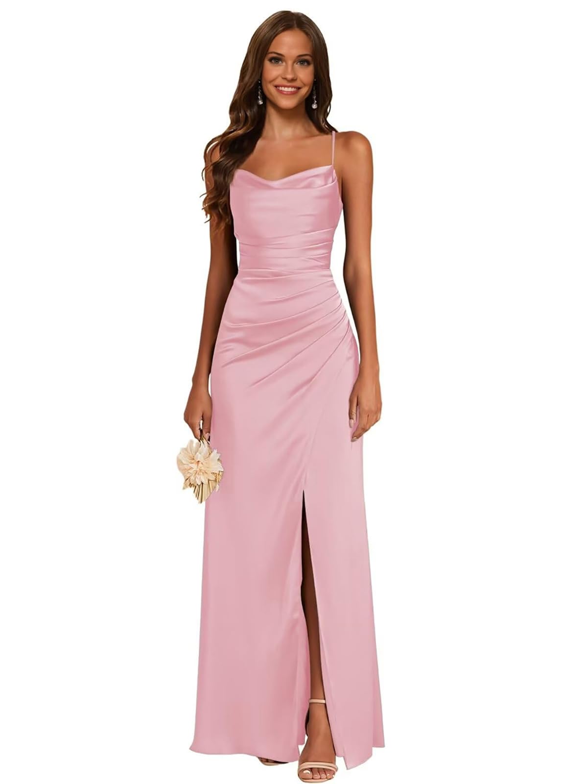 JAEDEN Satin Brautjungfernkleid Spaghettiträger Ballkleider Lang mit Schlitz Meerjungfrau Falte Abendkleider Rosa 38