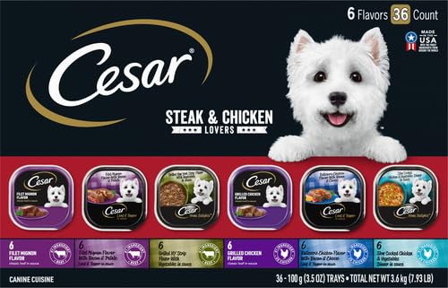 Image of Cesar Wet Dog Food Steak and Chicken Lovers Variety Pack,Adult,Wet Food for Dogs with Real Beef or Chicken,3.5 oz Easy Peel Trays,36 Count (Pack of 2)