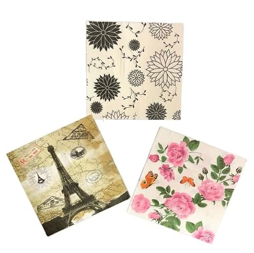 ペーパーナプキン 3種類 各5枚入 15枚入 紙ナプキン デコパージュ素材 アソート ハンドメイド ダリア風 白黒 菊 フラワー 花柄 ローズ 薔薇 蝶 鳥 エッフェル塔 アンティーク調