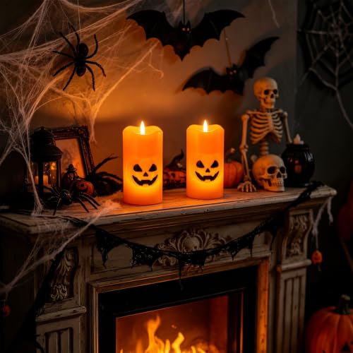Image of Eldnacele Halloween Pumpkin Flameless Pillar Candles Battery Operated with 6 Hour Timer, 3D Wick Flickering Orange Real Wax Hand-Painted LED Candles Indoor Halloween Home Decor(2 Pack, 3 inch D x 6 inch H)