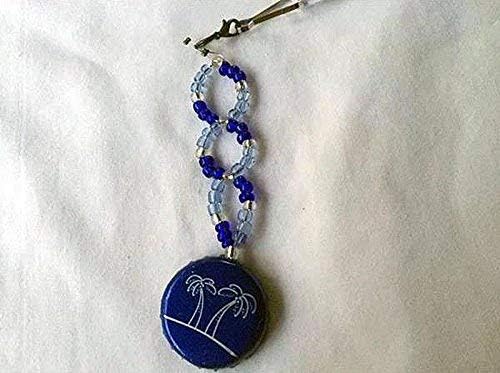 Seagrams Escapes White Palm and Dark Light Blue Glass Beads Upcycled Bottlecap Keychain