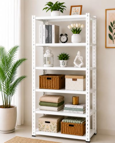 Image of Home Decor 6 Tier Metal Steel Rack, Kitchen Shelves for Storage, Metal Shelving Unit Storage Utility Rack Garage Shelves Display Rack Steel (White 35Lx9Wx60H)