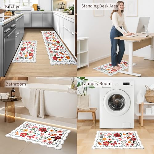 UKISS Kitchen Rugs, 2PCS Waterproof Kitchen Mats, Cushioned Anti Fatigue Kitchen Mat, Non-Slip Boho Comfort Mat for Kitchen, Floor Home, Sink, Laundry,17.3"x28"+17.3"x47", White &Pink (White) - image 7