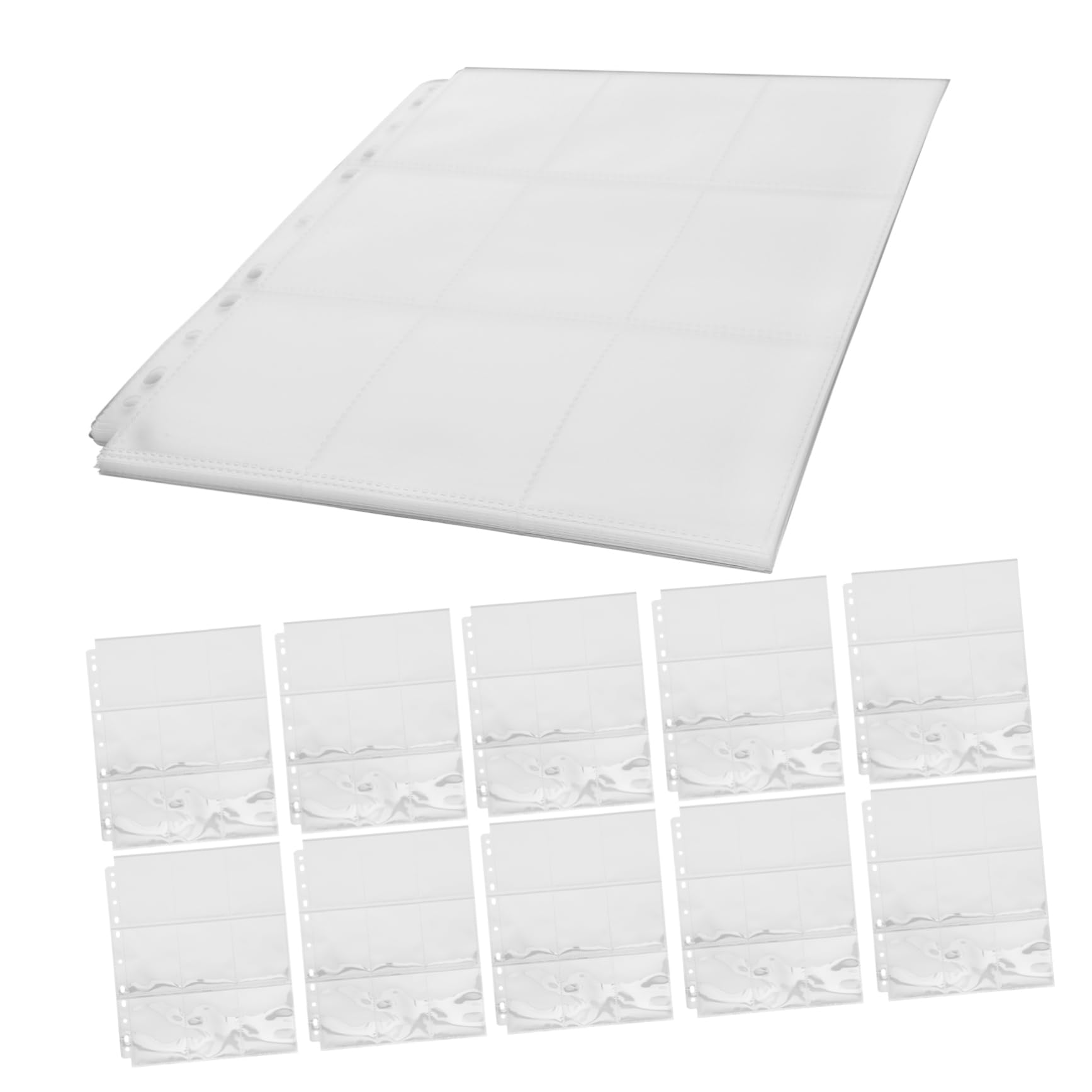 WOONEKY Fogli Raccoglitori per Carte Trasparenti in Pvc, 9 Scomparti per Foglio, 50 Pezzi, Protezione per Foto e Carte per Album ad Anelli