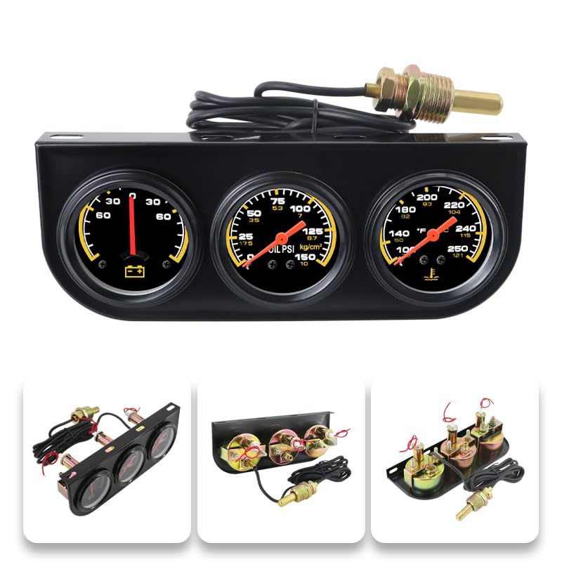 2" 52mm 3-in-1 Triple Gauge Set, 0-150 PSI Oil Pressure Gauge, 100-250°F Water Temp Gauge, -60-60 AMP Ammeter Gauge, Auto Triple Gauge Kit for Car, Truck & Pickup