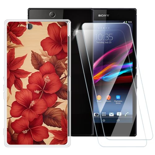 ESACMOT Coque à motif fleurs rouges compatible avec Sony Xperia Z Ultra XL39H + [2 paquets] protecteur d'écran en verre trempé, coque antichoc pour Sony...