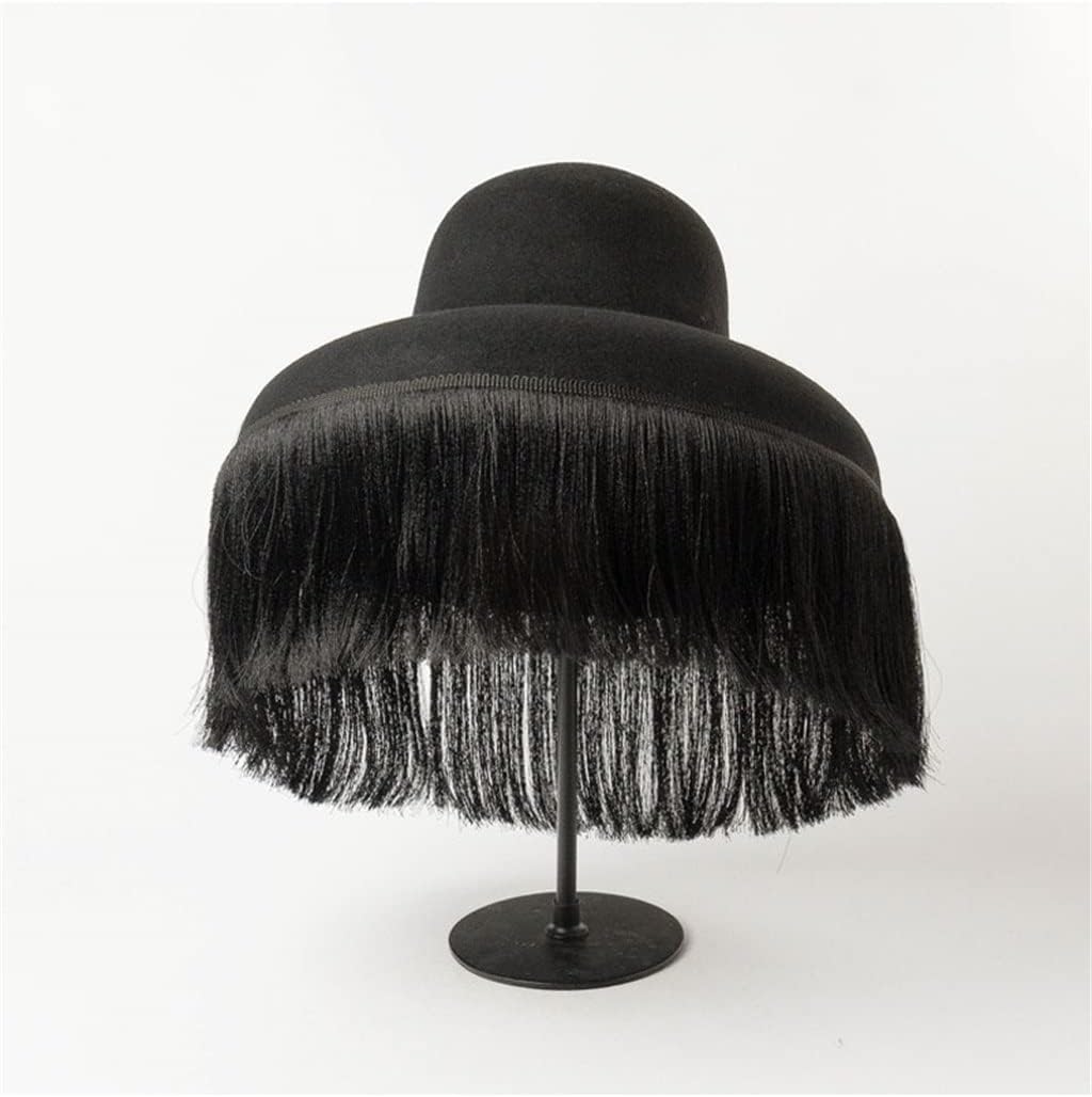 Black Hat Autumn and Winter Dome Cap with Fringed Fedora Hat Retro Personality Bucket Custom Cape