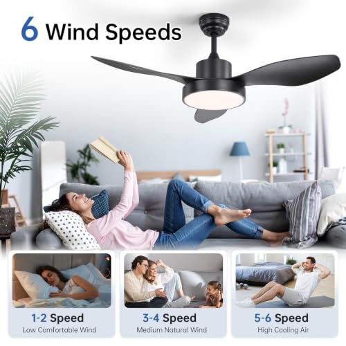 Image of Sofucor 47 Inch Ceiling Fan with Lights Flush Mount Modern Outdoor Ceiling Fans with Remote Control, 3CCT Dimmable 6 Speeds Quiet DC Motor & Timer for Patio Bedroom Living Room (Black, 47INCH)